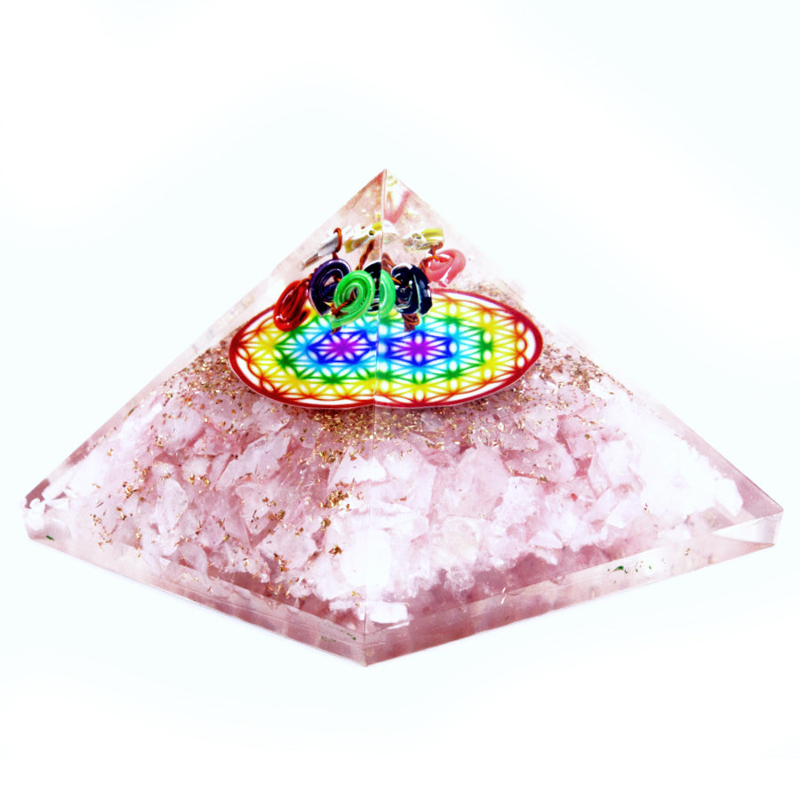 Orgonit-Pyramide - Rosenquarz Regenbogen Blume des Lebens - 70 mm