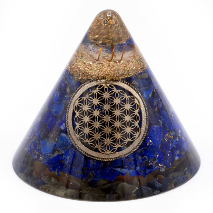 Orgonitkegel - Lapislazuli-Blume des Lebens - Hängequarz - 90 mm